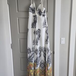 Cache White and Black Paisley Maxi Dress with Yellow Accents